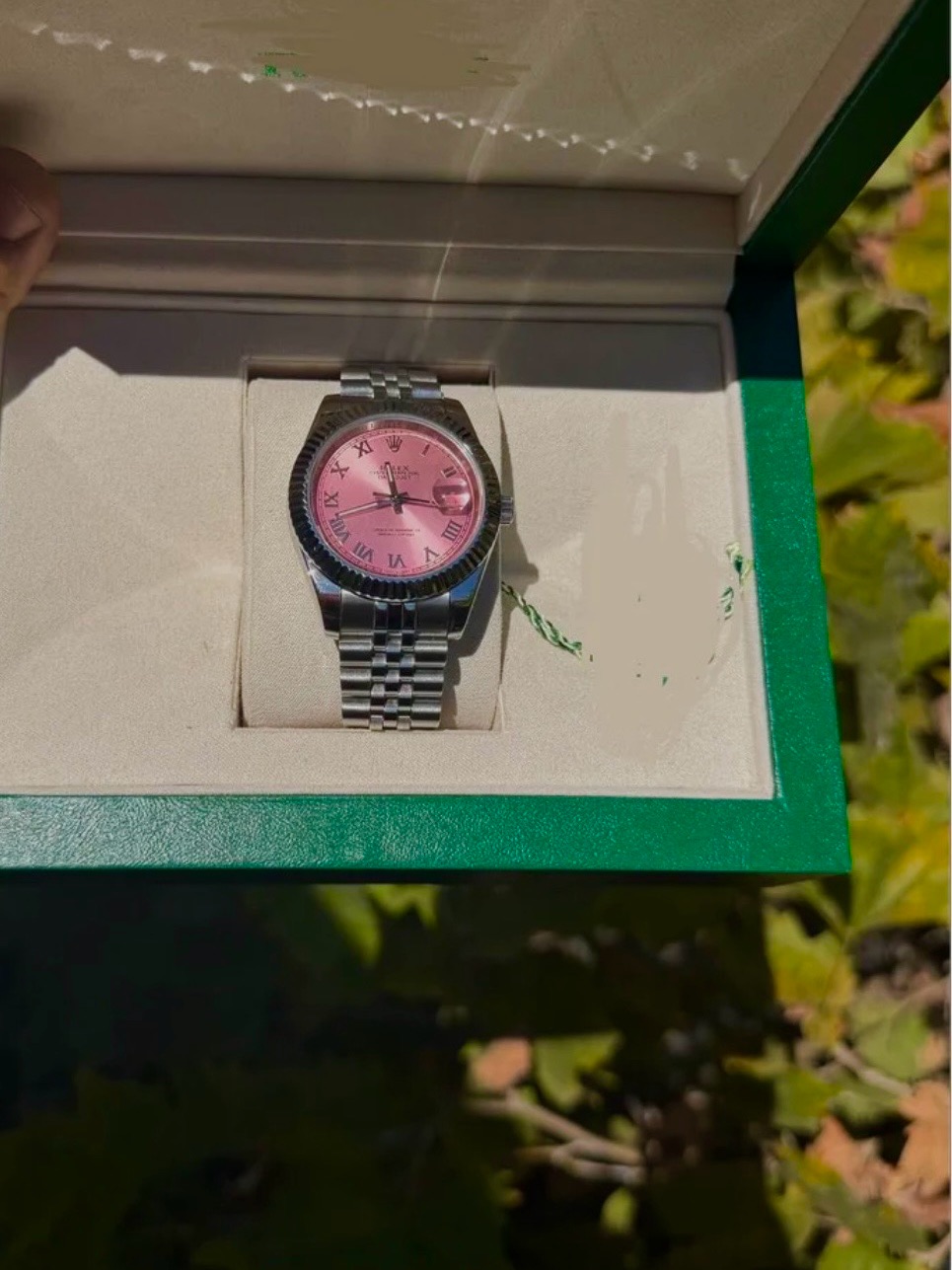 Rolex Mens Stainless Steel Watch With Pink Dial